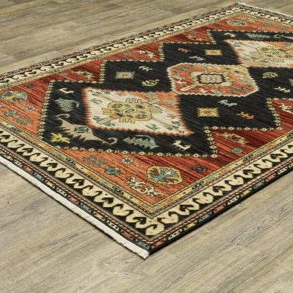 2' X 3' Charcoal Brown Orange Salmon Gold Navy Ivory And Pale Blue Oriental Power Loom Stain Resistant Area Rug With Fringe