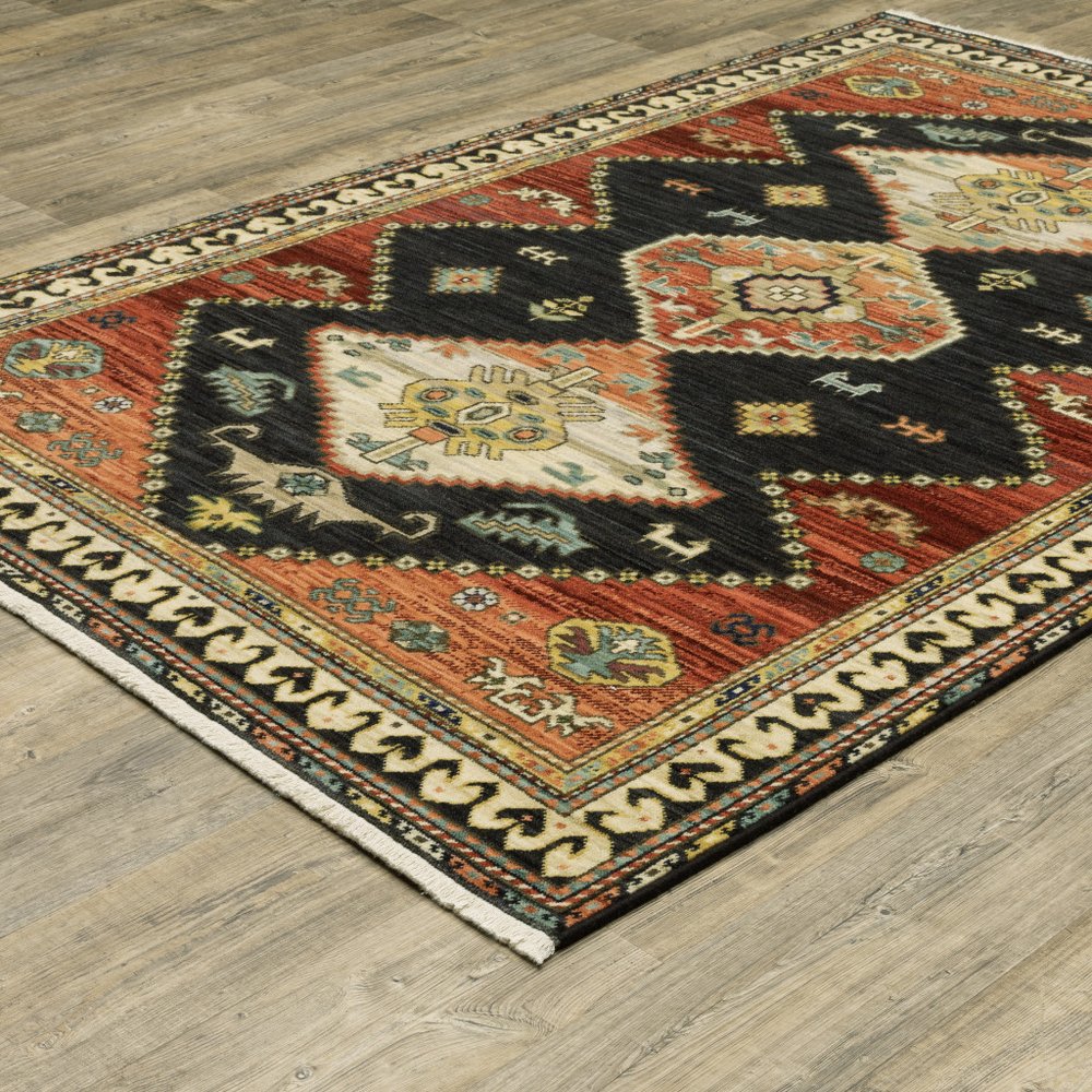 2' X 3' Charcoal Brown Orange Salmon Gold Navy Ivory And Pale Blue Oriental Power Loom Stain Resistant Area Rug With Fringe