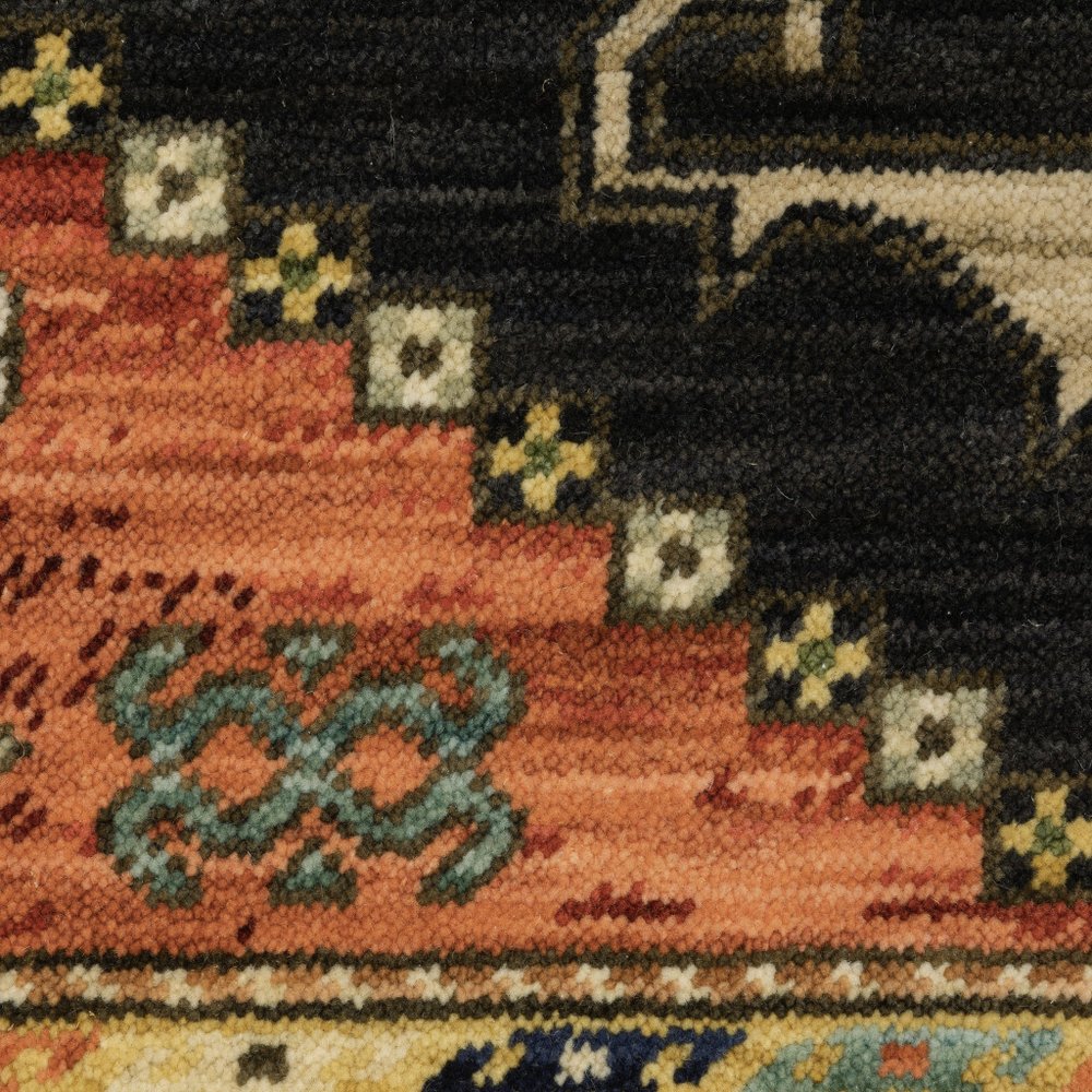 2' X 3' Charcoal Brown Orange Salmon Gold Navy Ivory And Pale Blue Oriental Power Loom Stain Resistant Area Rug With Fringe