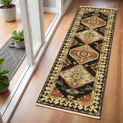 2' X 6' Navy Blue Oriental Power Loom Runner Rug With Fringe