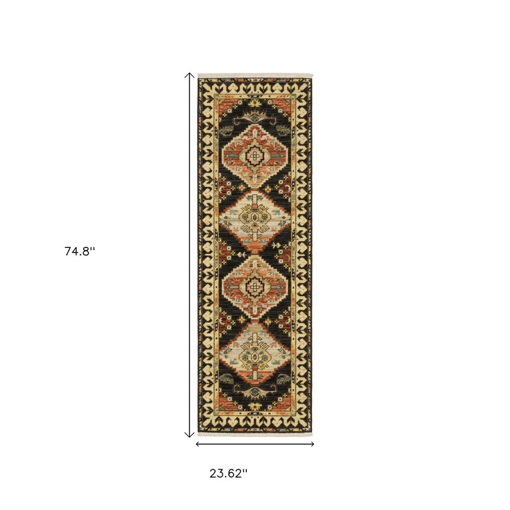 2' X 6' Navy Blue Oriental Power Loom Runner Rug With Fringe