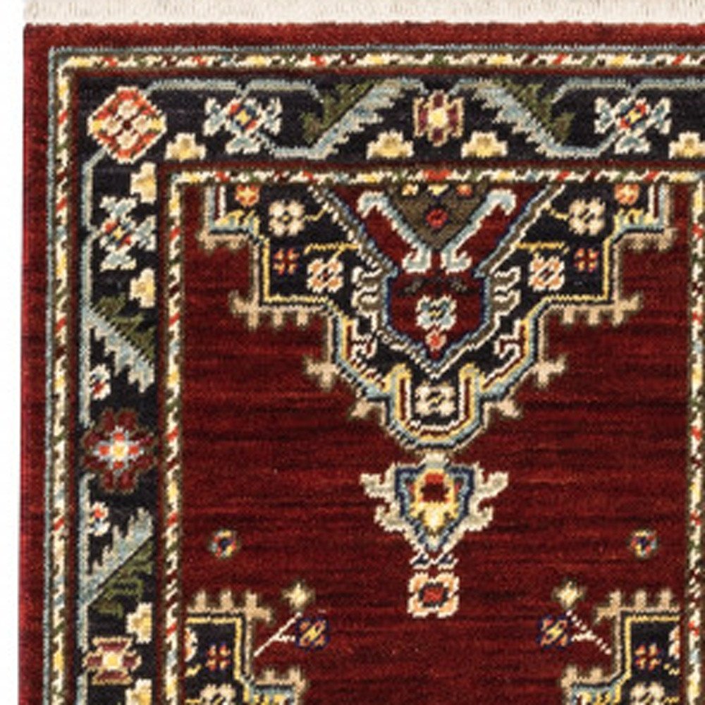 2' X 6' Red Black Beige And Blue Oriental Power Loom Stain Resistant Runner Rug With Fringe