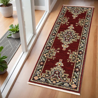 2' X 6' Red Black Beige And Blue Oriental Power Loom Stain Resistant Runner Rug With Fringe