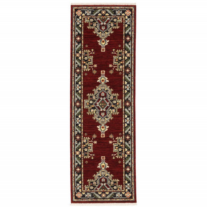 2' X 6' Red Black Beige And Blue Oriental Power Loom Stain Resistant Runner Rug With Fringe