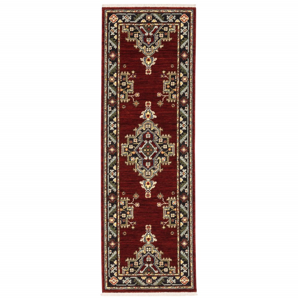 2' X 6' Red Black Beige And Blue Oriental Power Loom Stain Resistant Runner Rug With Fringe