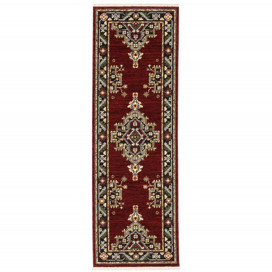 2' X 6' Red Black Beige And Blue Oriental Power Loom Stain Resistant Runner Rug With Fringe