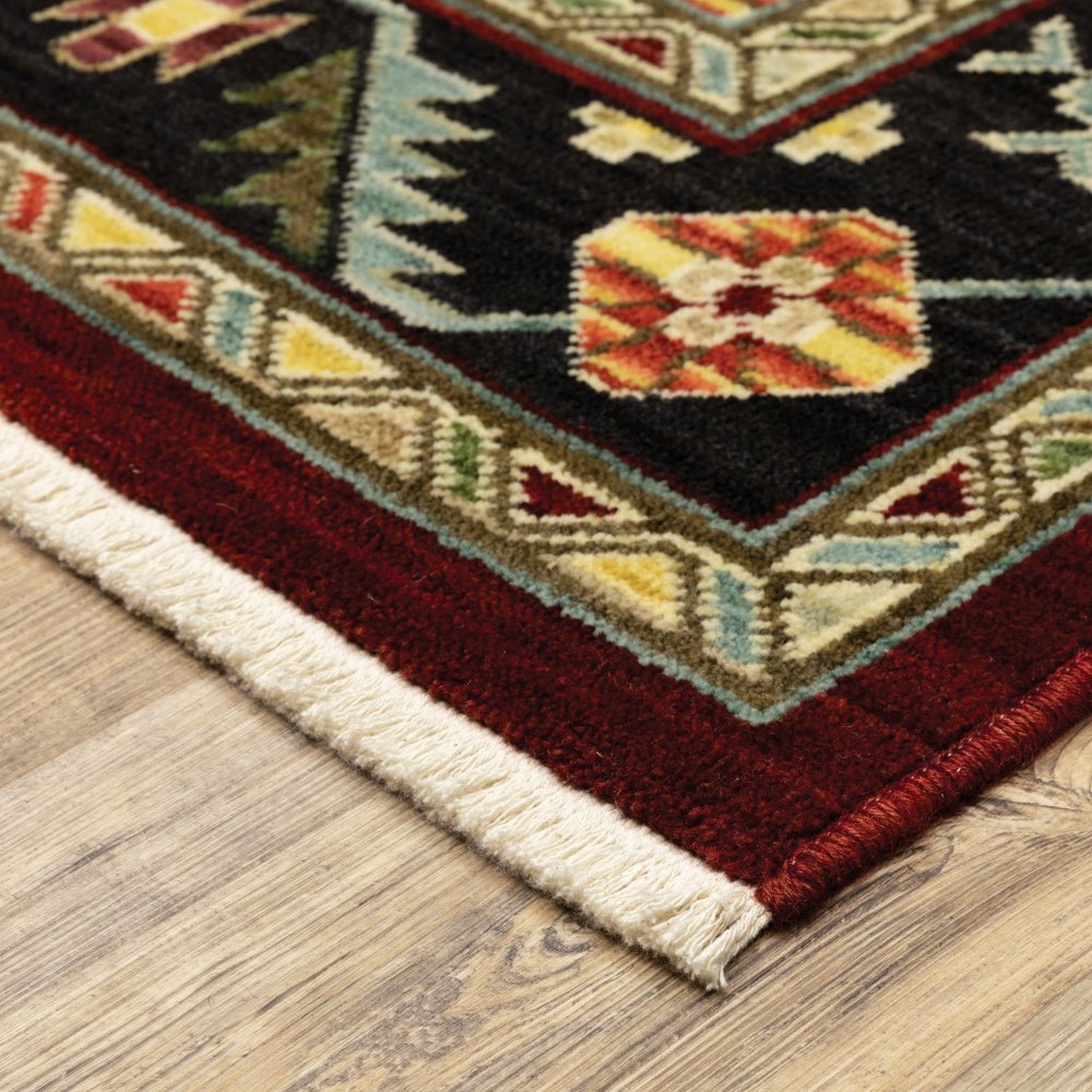 2' X 6' Red Black Beige And Blue Oriental Power Loom Stain Resistant Runner Rug With Fringe