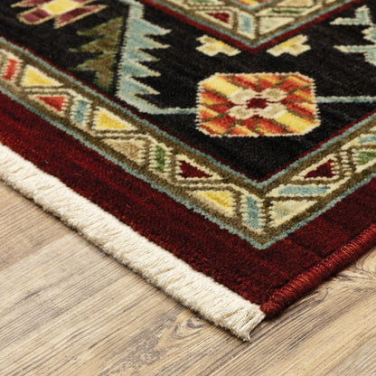 2' X 6' Red Black Beige And Blue Oriental Power Loom Stain Resistant Runner Rug With Fringe