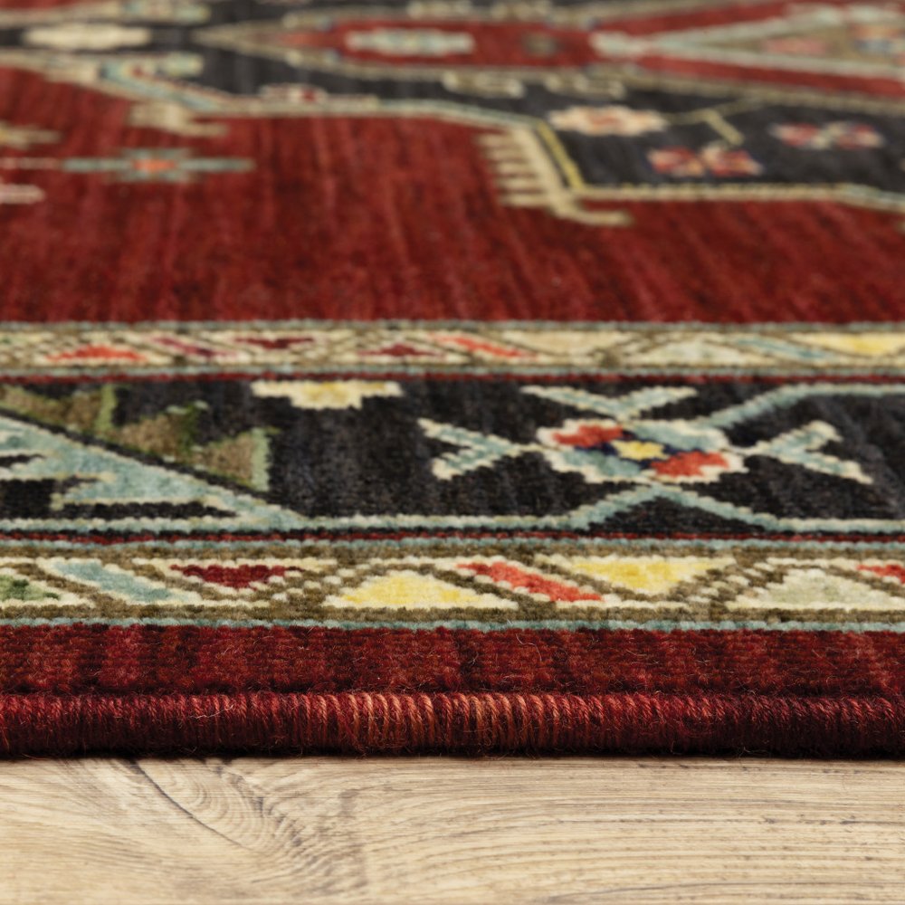2' X 6' Red Black Beige And Blue Oriental Power Loom Stain Resistant Runner Rug With Fringe