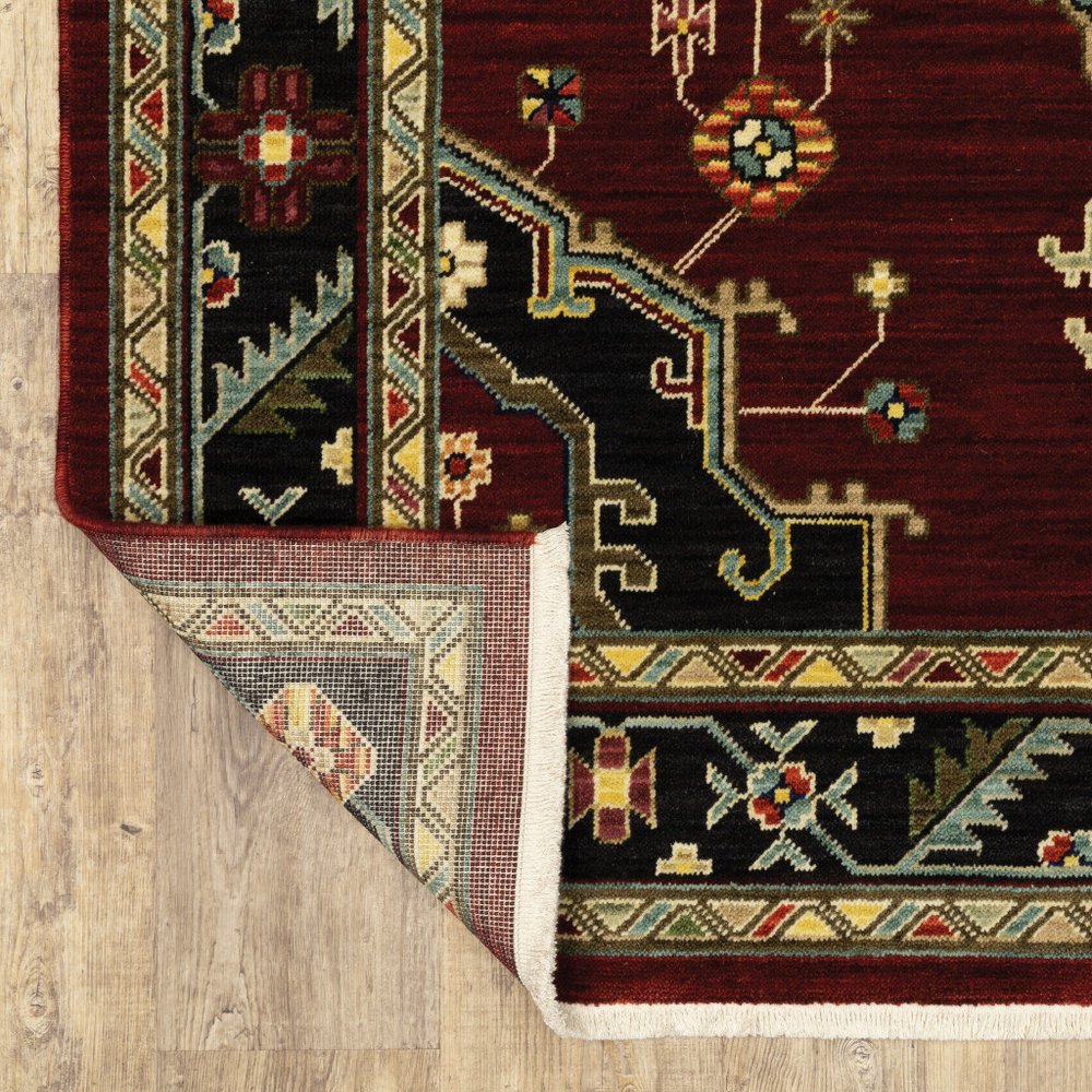 2' X 6' Red Black Beige And Blue Oriental Power Loom Stain Resistant Runner Rug With Fringe
