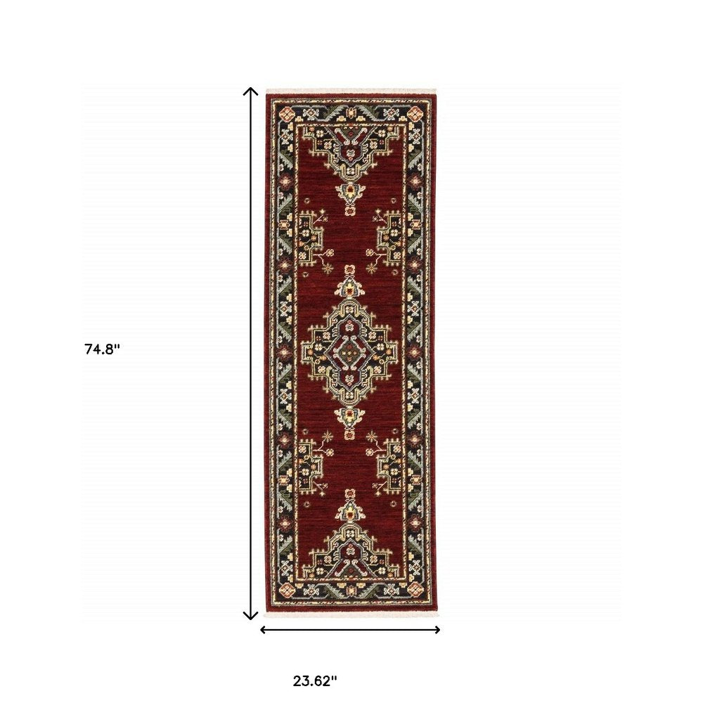 2' X 6' Red Black Beige And Blue Oriental Power Loom Stain Resistant Runner Rug With Fringe
