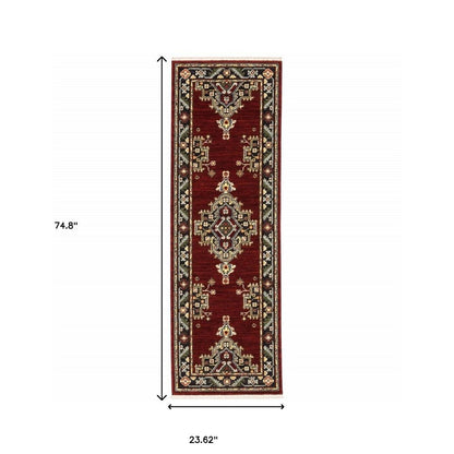 2' X 6' Red Black Beige And Blue Oriental Power Loom Stain Resistant Runner Rug With Fringe