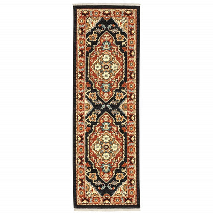 2' X 6' Black Orange And Beige Oriental Power Loom Stain Resistant Runner Rug With Fringe