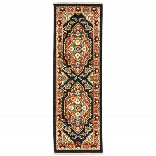 2' X 6' Black Orange And Beige Oriental Power Loom Stain Resistant Runner Rug With Fringe