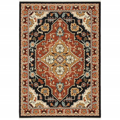 3' X 5' Black Orange And Beige Oriental Power Loom Stain Resistant Area Rug With Fringe