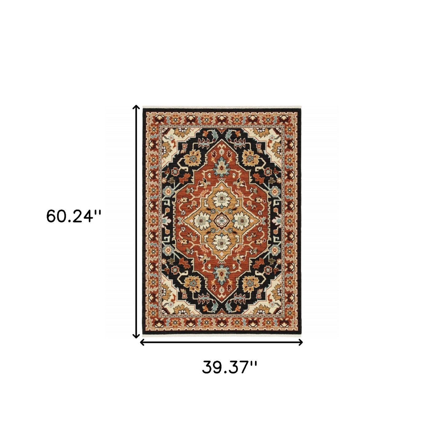 3' X 5' Black Orange And Beige Oriental Power Loom Stain Resistant Area Rug With Fringe