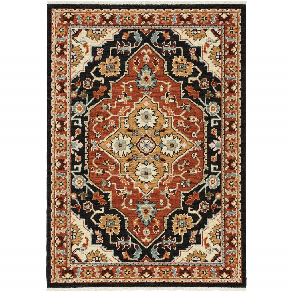 6' X 9' Black Orange And Beige Oriental Power Loom Stain Resistant Area Rug With Fringe