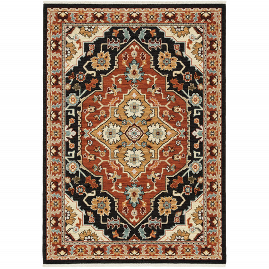 6' X 9' Black Orange And Beige Oriental Power Loom Stain Resistant Area Rug With Fringe