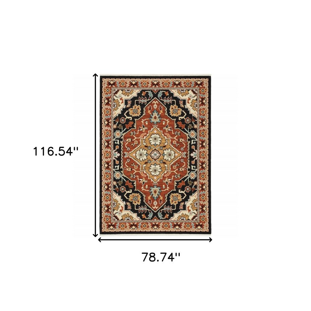 7' X 10' Black And Red Oriental Area Rug With Fringe