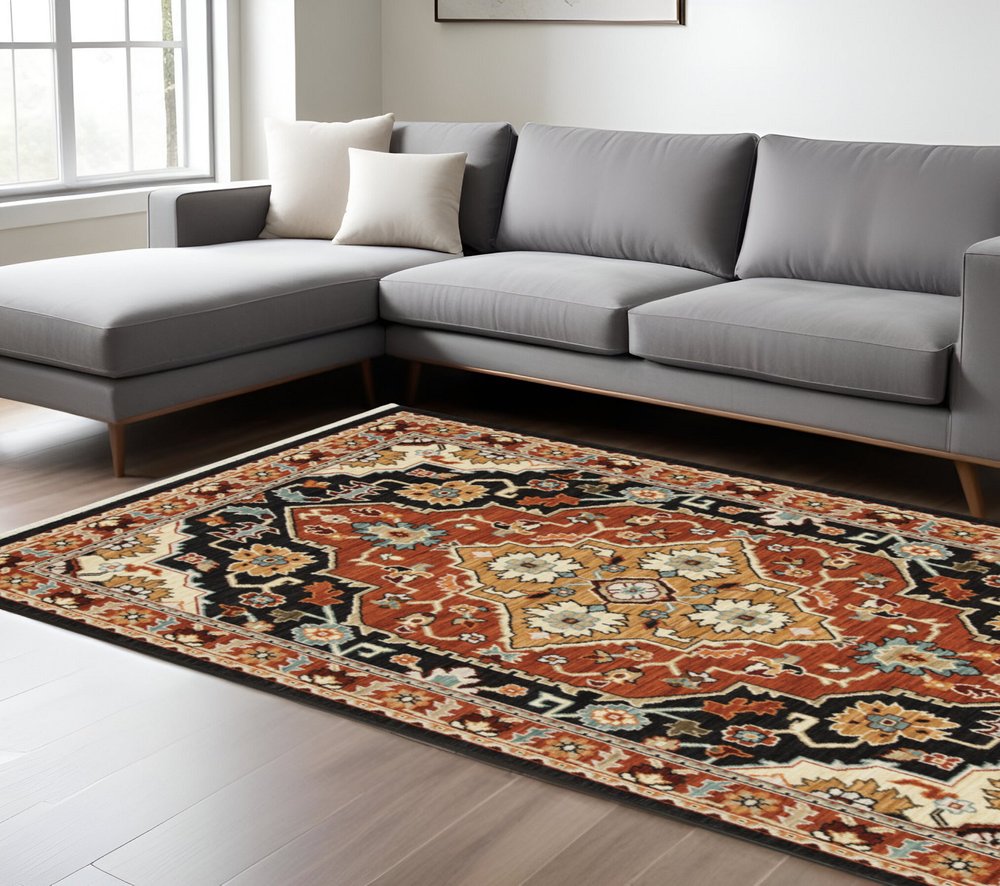 7' X 10' Black And Red Oriental Area Rug With Fringe