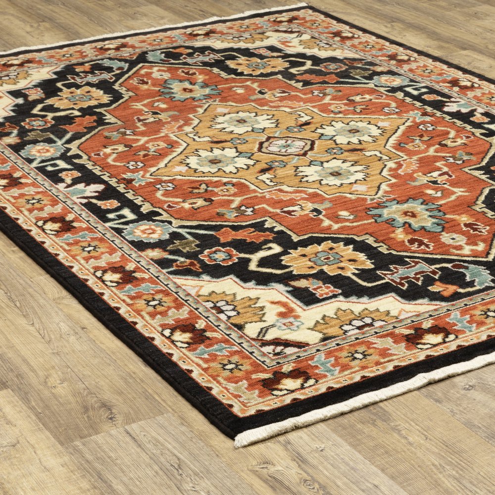 7' X 10' Black And Red Oriental Area Rug With Fringe