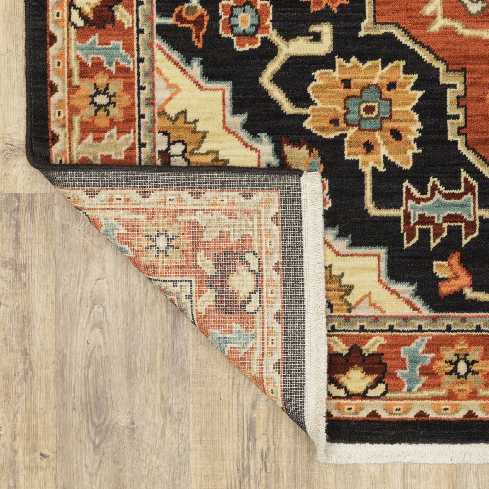 7' X 10' Black And Red Oriental Area Rug With Fringe