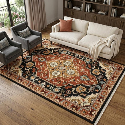 8' X 11' Black And Orange Oriental Area Rug With Fringe
