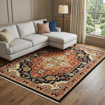 8' X 11' Black And Orange Oriental Area Rug With Fringe