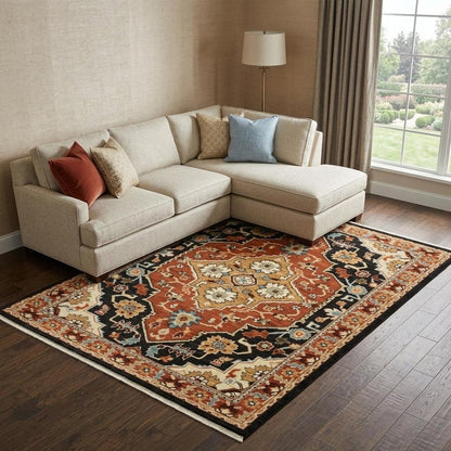 8' X 11' Black And Orange Oriental Area Rug With Fringe