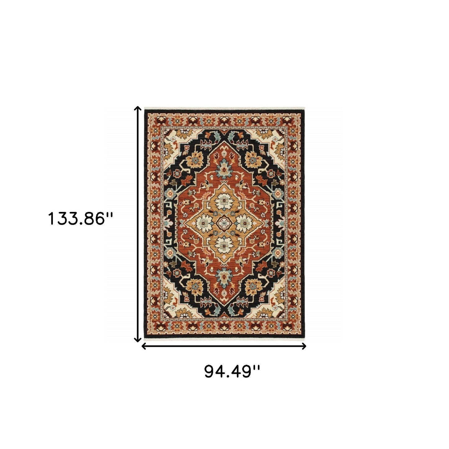 8' X 11' Black Orange And Beige Oriental Power Loom Stain Resistant Area Rug With Fringe