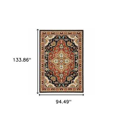 8' X 11' Black Orange And Beige Oriental Power Loom Stain Resistant Area Rug With Fringe