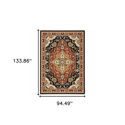 8' X 11' Black And Orange Oriental Area Rug With Fringe