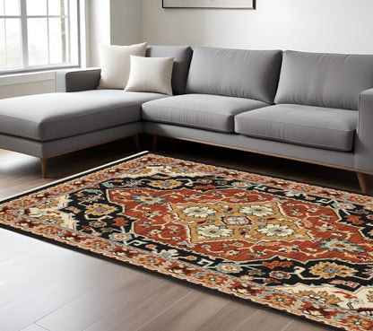 8' X 11' Black And Orange Oriental Area Rug With Fringe