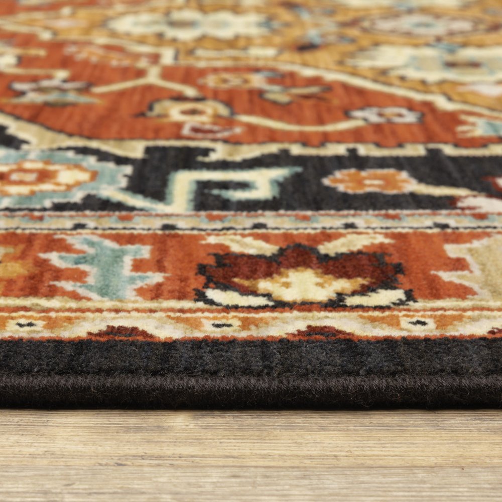 8' X 11' Black And Orange Oriental Area Rug With Fringe