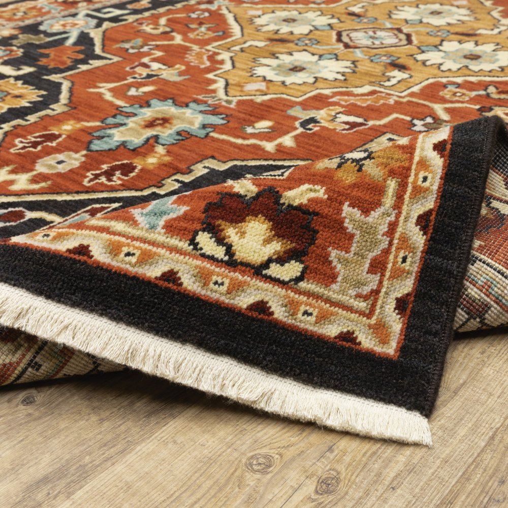 8' X 11' Black And Orange Oriental Area Rug With Fringe