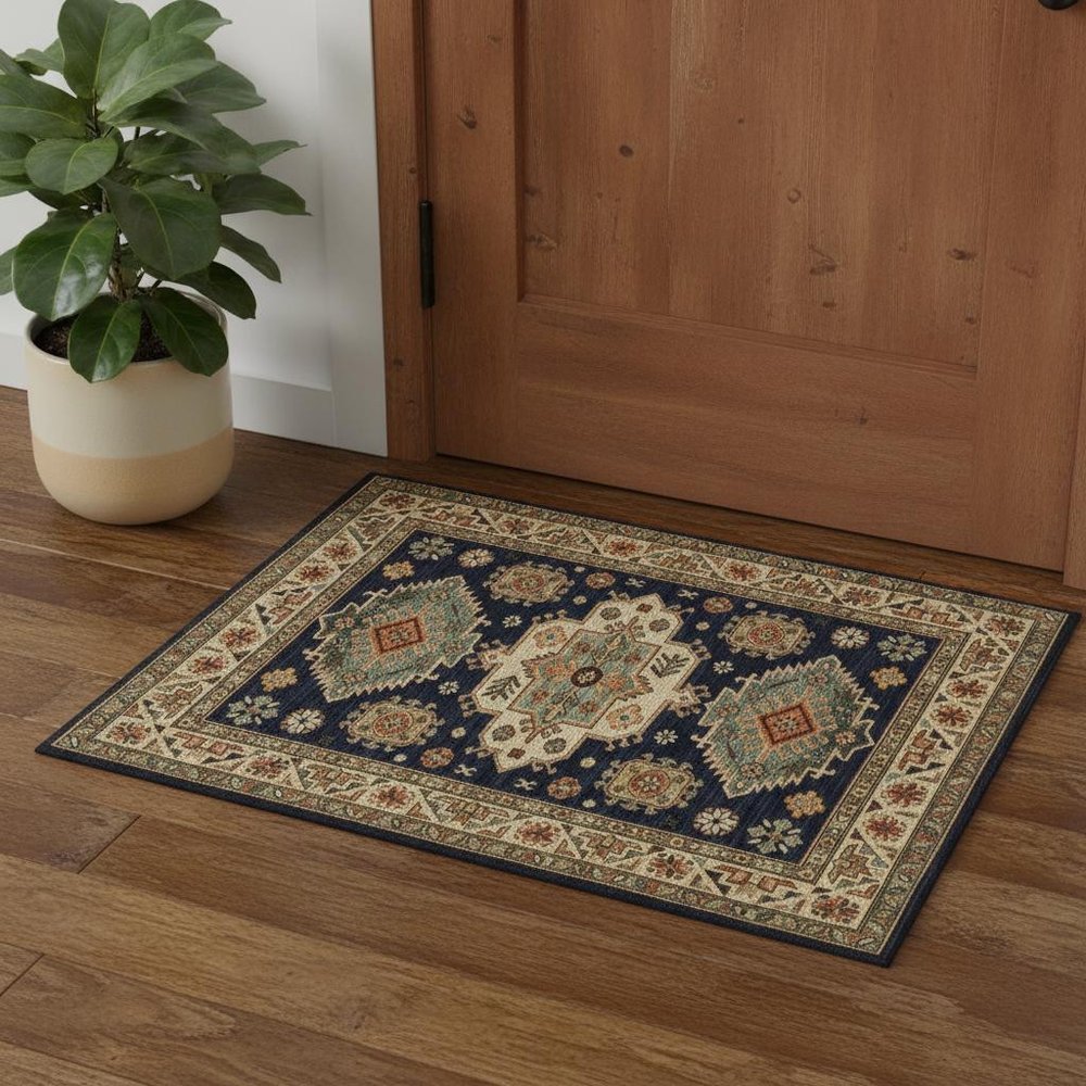 2' X 3' Navy Charcoal Orange Rust Gold Pale Blue Olive Beige And Salmon Oriental Power Loom Stain Resistant Area Rug With Fringe