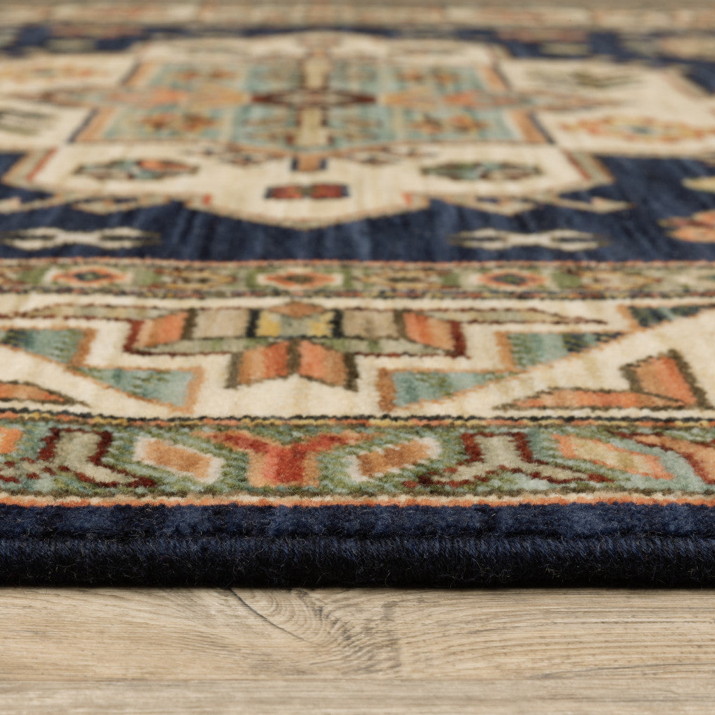 2' X 3' Navy Charcoal Orange Rust Gold Pale Blue Olive Beige And Salmon Oriental Power Loom Stain Resistant Area Rug With Fringe