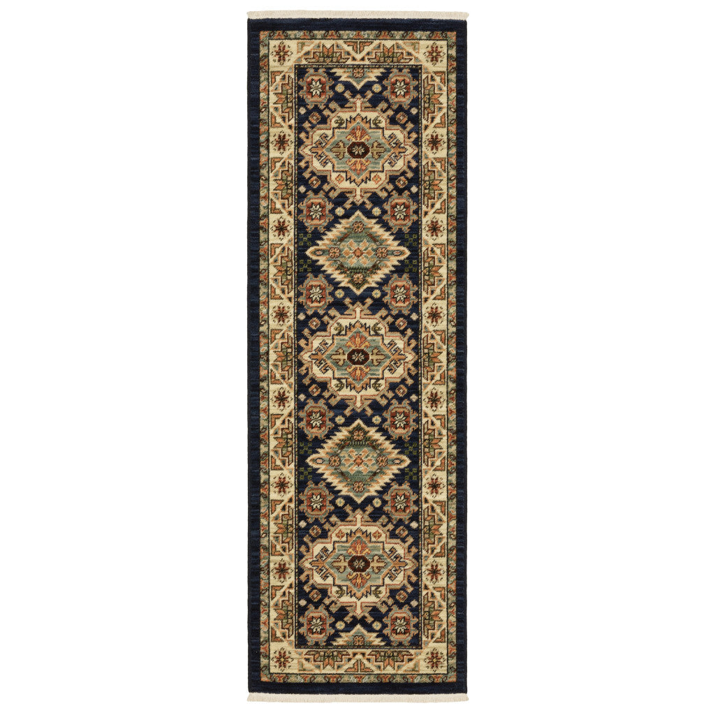 6' Blue and Beige Oriental Power Loom Runner Rug