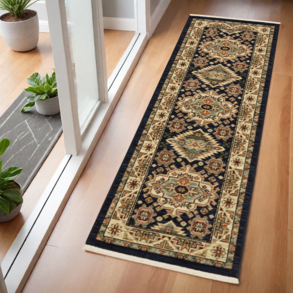 6' Blue and Beige Oriental Power Loom Runner Rug