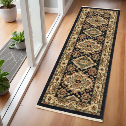 6' Blue and Beige Oriental Power Loom Runner Rug