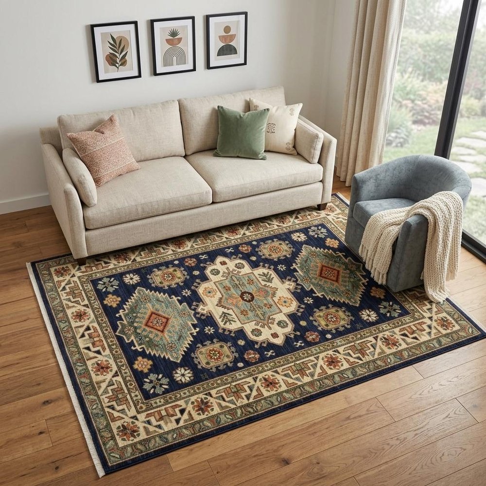 5' X 8' Blue and Beige Oriental Power Loom Area Rug With Fringe