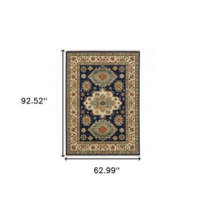 5' X 8' Blue and Beige Oriental Power Loom Area Rug With Fringe