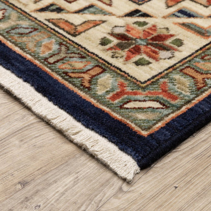 5' X 8' Blue and Beige Oriental Power Loom Area Rug With Fringe