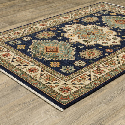 5' X 8' Blue and Beige Oriental Power Loom Area Rug With Fringe