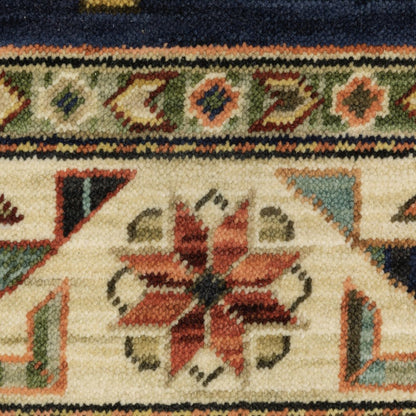 5' X 8' Blue and Beige Oriental Power Loom Area Rug With Fringe