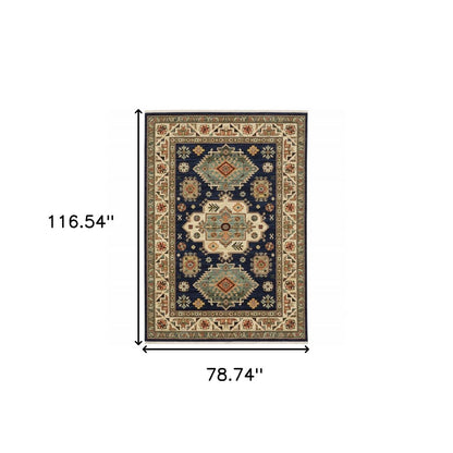 6' X 9' Navy Charcoal Orange Rust Gold Pale Blue Olive Beige And Salmon Oriental Power Loom Stain Resistant Area Rug With Fringe