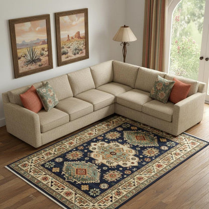 6' X 9' Navy Charcoal Orange Rust Gold Pale Blue Olive Beige And Salmon Oriental Power Loom Stain Resistant Area Rug With Fringe