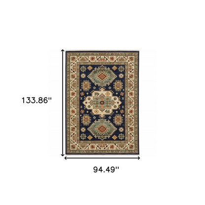 8' X 11' Navy Charcoal Orange Rust Gold Pale Blue Olive Beige And Salmon Oriental Power Loom Stain Resistant Area Rug With Fringe
