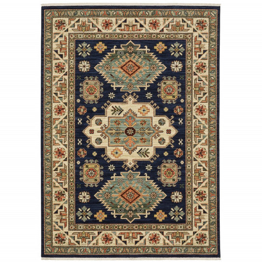 8' X 11' Navy Charcoal Orange Rust Gold Pale Blue Olive Beige And Salmon Oriental Power Loom Stain Resistant Area Rug With Fringe