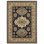 8' X 11' Navy Charcoal Orange Rust Gold Pale Blue Olive Beige And Salmon Oriental Power Loom Stain Resistant Area Rug With Fringe